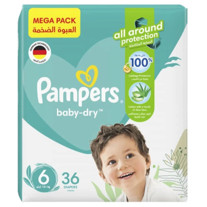 Pampers Baby-Dry Diapers, Size 6, 13+Kg, Up To 100% Leakage Protection Over 12 Hours And Bigger, Wider Sides For Comfort, 36 Baby Diapers