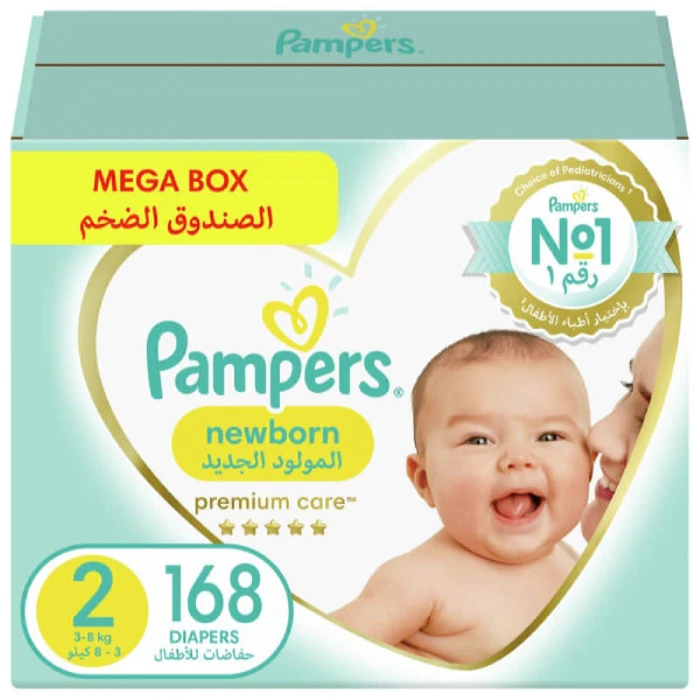 Pampers Premium Care Diapers, Size 2, Mini, 3-8 Kg, The Softest Diaper And The Best Skin Protection With Runny-Mess Absorption Pulling Wetness Away, 168 Baby Diapers