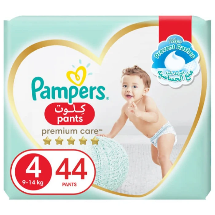 Pampers Premium Care Pants Diapers, Size 4, 9-14Kg, Easy On & Easy Off, The Softest Diaper And The Best Skin Protection With Stretchy Sides For Better Fit, 44 Baby Diapers