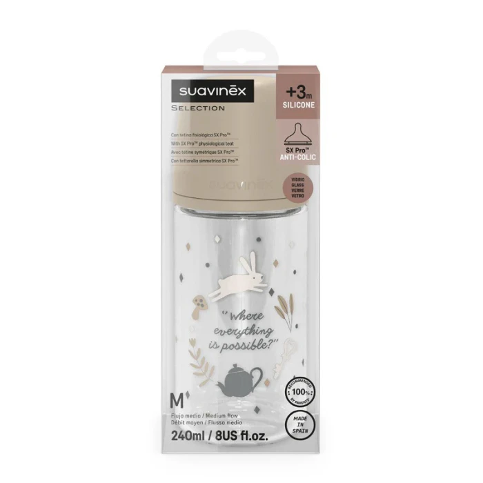 Suavinex Glass Baby Feeding Bottle Medium Flow 240ml Beige