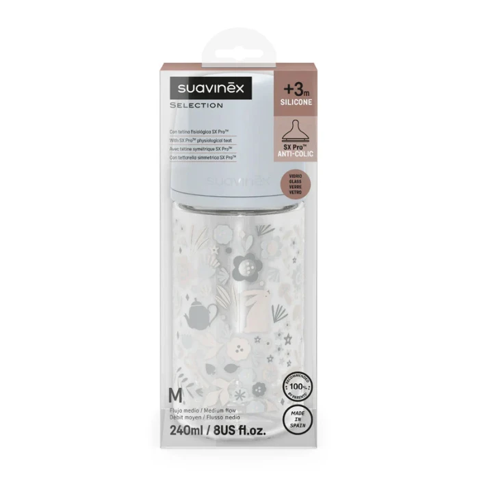 Suavinex Glass Baby Feeding Bottle Medium Flow 240ml Blue