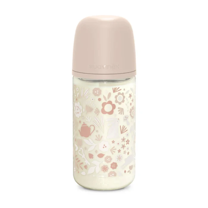 Suavinex Glass Baby Feeding Bottle Medium Flow 240ml Pink
