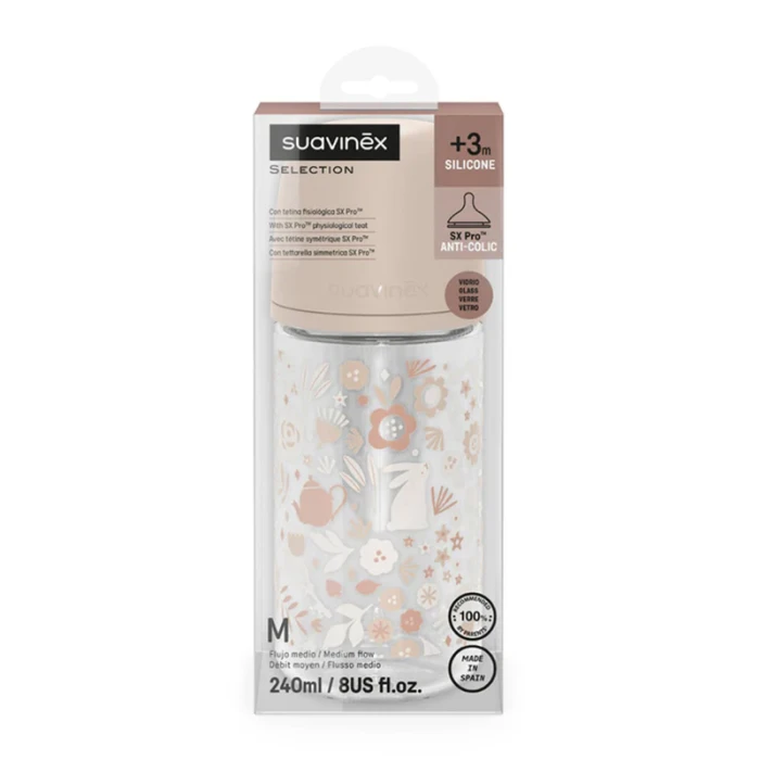 Suavinex Glass Baby Feeding Bottle Medium Flow 240ml Pink