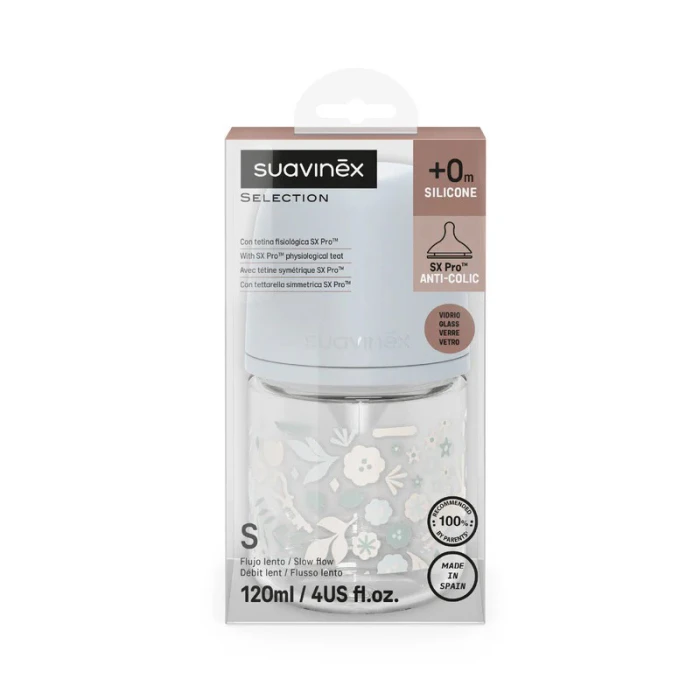 Suavinex Glass Baby Feeding Bottle Slow Flow 120ml Blue