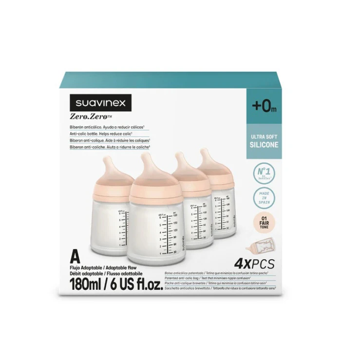 Suavinex Zero Zero Anti Colic Baby Feeding Bottle 180ml Set of 4 Fair
